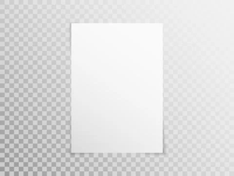 Paper sheet blank on transparent backdrop. Realistic empty A4 mockup. White Stock Illustration