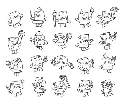 Paper sheet character set in outline line art Stock Illustration