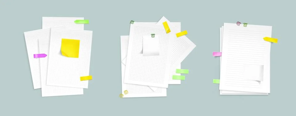 Paper sheet stacks with sticky notes and clips Stock Illustration