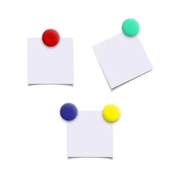 Paper sheets with color magnets. Vector realistic isolated design elements. Stock Illustration