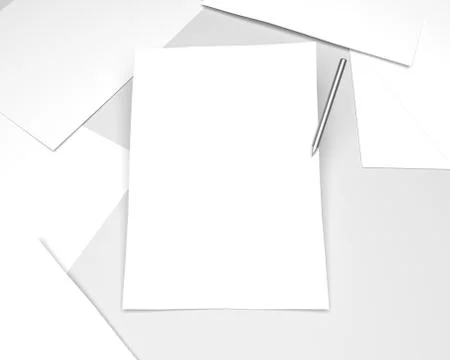 Paper sheets with pen on the table. 3D illustration of office equipment. Stock Illustration
