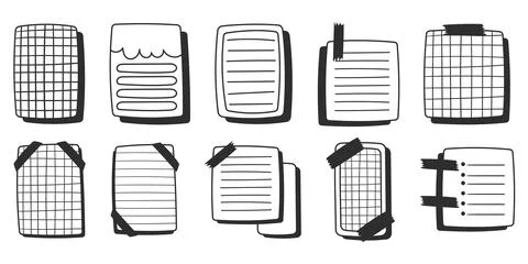 Paper sheets sticker collection in comics style, doodle black and white memo  イラスト素材
