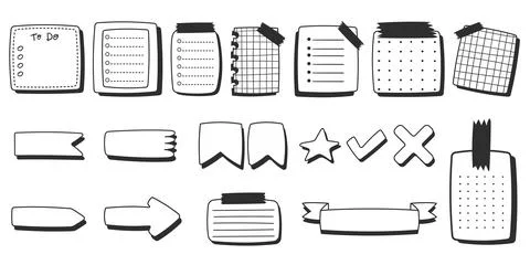 Paper sheets sticker collection in comics style, doodle black and white mem.. Stock Illustration