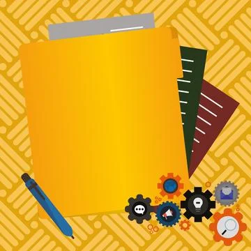 Paper sheets with text laying on bright colored background. Pencil draws main Illustrazione stock
