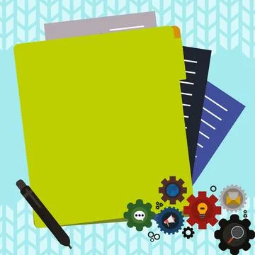 Paper sheets with text laying on bright colored background. Pencil draws main Stock Illustration