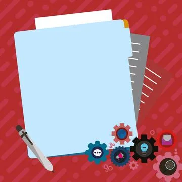 Paper sheets with text laying on bright colored background. Pencil draws main Stock Illustration