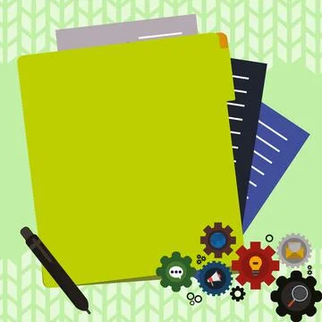Paper sheets with text laying on bright colored background. Pencil draws main Stock Illustration