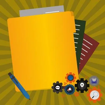 Paper sheets with text laying on bright colored background. Pencil draws main Stock Illustration