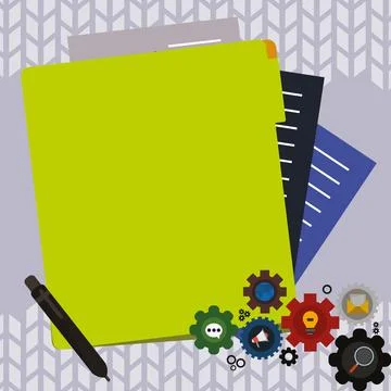 Paper sheets with text laying on bright colored background. Pencil draws main Illustrazione stock
