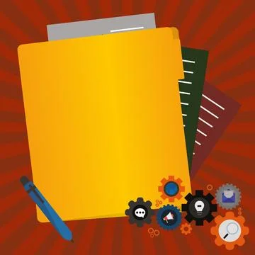 Paper sheets with text laying on bright colored background. Pencil draws main Illustrazione stock