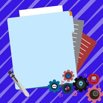 Paper sheets with text laying on bright colored background. Pencil draws main Stock Illustration