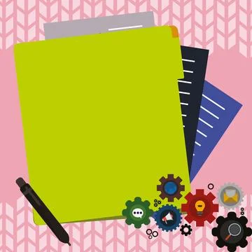 Paper sheets with text laying on bright colored background. Pencil draws main Illustrazione stock