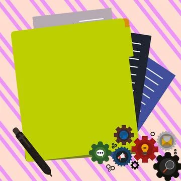 Paper sheets with text laying on bright colored background. Pencil draws main Illustrazione stock