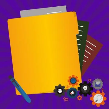 Paper sheets with text laying on bright colored background. Pencil draws main Illustrazione stock