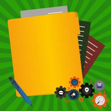 Paper sheets with text laying on bright colored background. Pencil draws main Stock Illustration