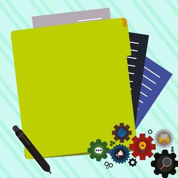 Paper sheets with text laying on bright colored background. Pencil draws main Stock Illustration