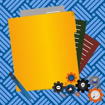 Paper sheets with text laying on bright colored background. Pencil draws main Illustrazione stock