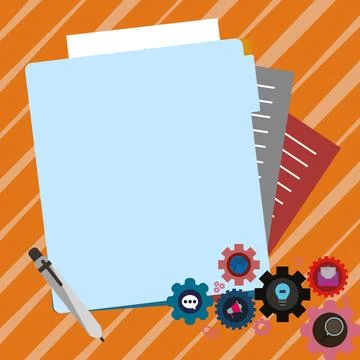 Paper sheets with text laying on bright colored background. Pencil draws main Illustrazione stock