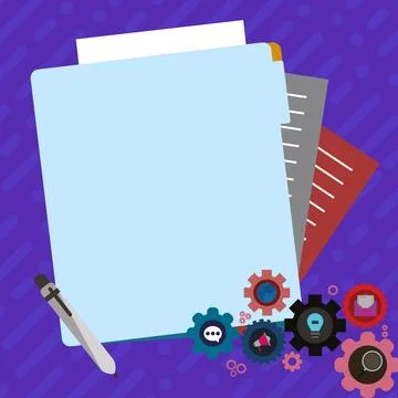 Paper sheets with text laying on bright colored background. Pencil draws main Illustrazione stock