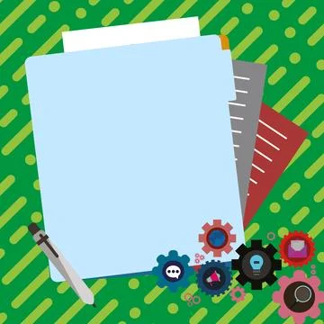 Paper sheets with text laying on bright colored background. Pencil draws main Illustrazione stock