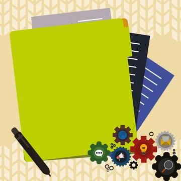 Paper sheets with text laying on bright colored background. Pencil draws main Stock Illustration