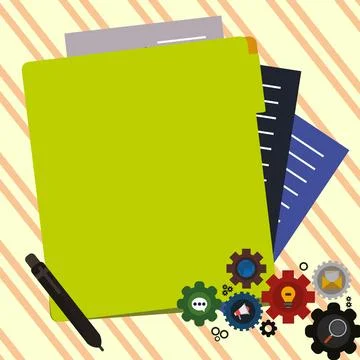 Paper sheets with text laying on bright colored background. Pencil draws main Stock Illustration
