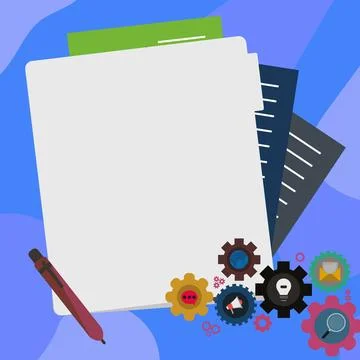 Paper sheets with text laying on bright colored background. Pencil draws main Stock Illustration