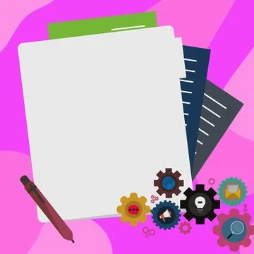 Paper sheets with text laying on bright colored background. Pencil draws main Stock Illustration