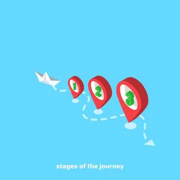 The paper ship swims along a given route, an isometric image Stock Illustration