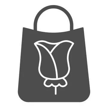 Paper shopping bag with rose solid icon. Flower on package vector illustration 스톡 일러스트