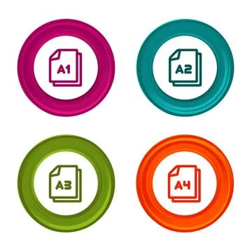 Paper size A1 A2 A3 A4 icons. Document symbol. Colorful web button with icon. Stock Illustration