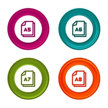 Paper size A5 A6 A7 A8 icons. Document symbol. Colorful web button with icon. Illustrazione stock