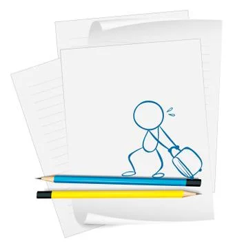 A paper with a sketch of a boy pulling a bag Stock Illustration