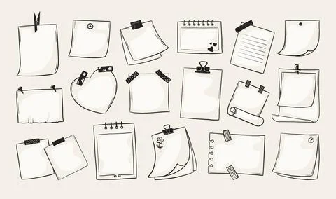 Paper sketch. Hand drawn empty frame, line blank note sheet or clip memo post Stock Illustration