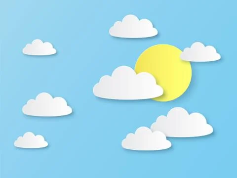 Paper sky with cloud. White clouds and sun on blue heaven, cut paper origami Stock Illustration