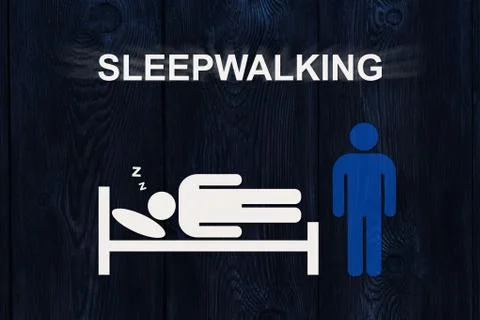 Paper sleeping man on bed with text SLEEPWALKING. Lunatic concept Stock Illustration