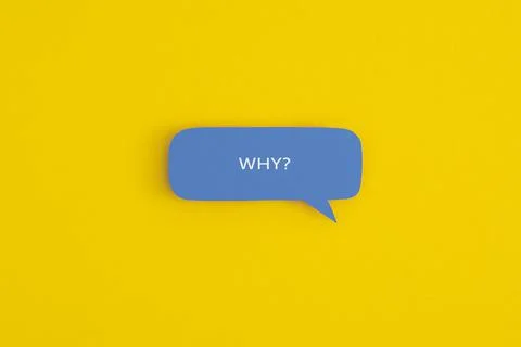 Paper speech bubble with the word "Why" on a yellow background. Top view with Fotos de archivo