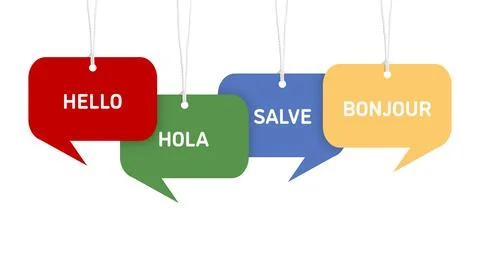 Paper speech bubbles with greetings in different languages hanging on white.. Stock Photos