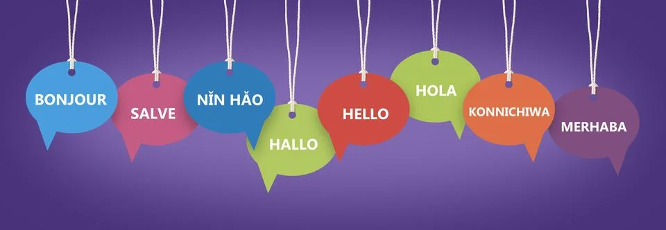 Paper speech bubbles with greetings in different languages hanging on purpl.. Stock Photos