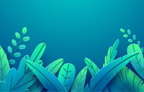 Paper spring leaves vector border. Paper cut style isolated on dark background Illustrazione stock