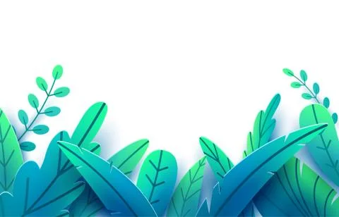 Paper spring leaves vector border background. Paper cut style isolated on white Stock Illustration