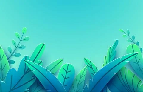 Paper spring leaves vector border background. Paper cut style. Fantasy floral Stock Illustration