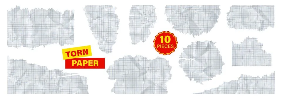 Paper square lined collection of torn ripped rip and grid notebook white sheet. Stock Illustration