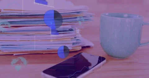Paper stack initiating blue data overlays, phone and mug receiving mapped charts Stock Footage 333833471