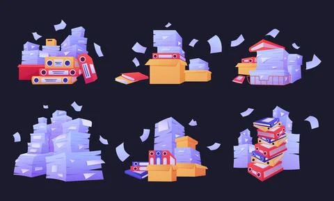 Paper stacks. Document heaps. Office paperwork. Messy accounting work. File.. Stock Illustration