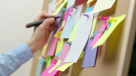 Paper stickers on the visualization board. A woman's hand writes a note.  Stock Footage 231805962