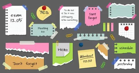 Paper sticky notes. Memo board with post notepad tapes. Notebook torn pages. Stock Illustration