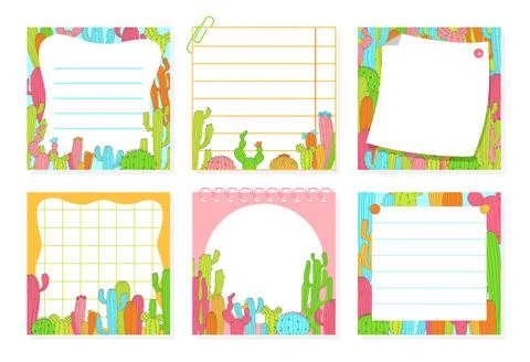 Paper sticky notes notepaper sticker notepads with cacti cartoon set copybook 스톡 일러스트