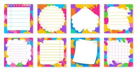 Paper sticky notes notepaper sticker notepads with butterfly cartoon set Stock Illustration