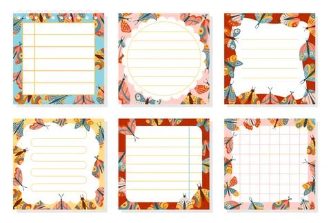 Paper sticky notes notepaper sticker notepads with butterfly cartoon set 스톡 일러스트